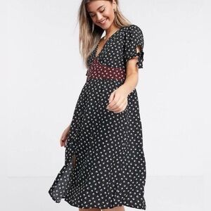 NEW ASOS Brave Soul floral midi tea dress burgundy waist tie short sleeves M